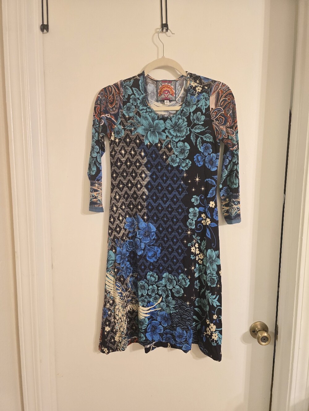 Johnny Was Teal and Navy Floral Print Knee-Length Dress Sz XXS - Picture 9 of 17
